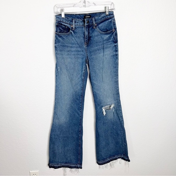 Express jeans 70s Flare Women 2 R Distressed Bell Bottom Raw Released Hem C - Picture 1 of 7
